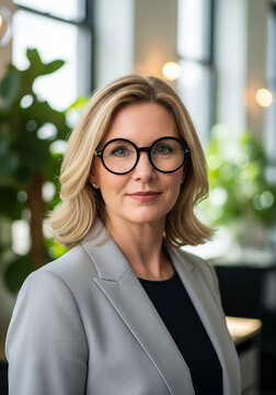50's confident mature businesswoman dreamy looking at window, middle-aged experienced senior female professional.