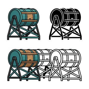 Four oil drums on stands in different colors and lines on white background
