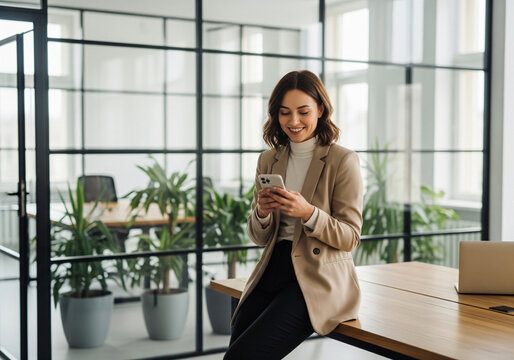 Portrait of young Hispanic professional business woman standing in office. Happy female company executive, smiling businesswoman entrepreneur corporate leader manager looking at camera using tablet