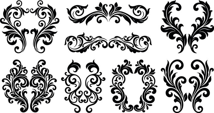 Vintage Baroque Ornament Elements Set with Classic Damascus Royal Scroll Swirls and Filigree Patterns for Luxury Invitation Borders Wedding and Frame Designs