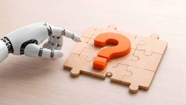 Artificial intelligence concept featuring a robotic arm pointing at a 3D orange question mark on a wooden puzzle board symbolizing machine learning inquiries