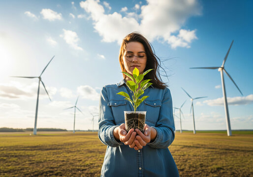 hand holding green tree with wind turbines generating electricity on blue sky background.Ecology concept.