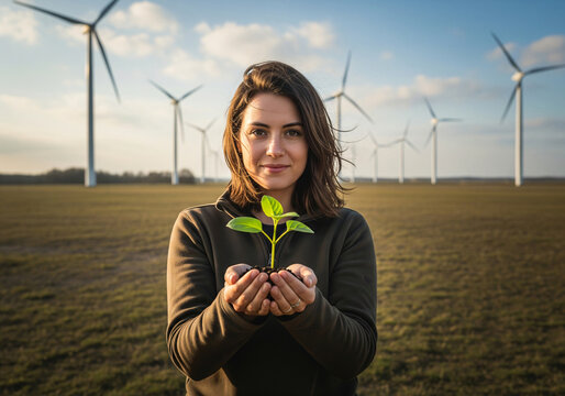 hand holding green tree with wind turbines generating electricity on blue sky background.Ecology concept.