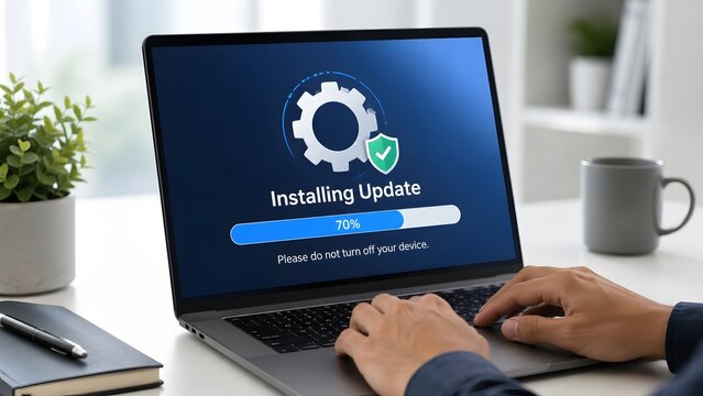 Person typing on a laptop computer displaying an installing update screen with a security shield icon on a bright office desk