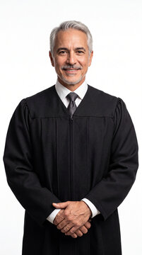 The Respected Judge: A distinguished judge with a confident smile and dignified presence, wearing a traditional black robe, stands with hands clasped, embodying justice and authority.