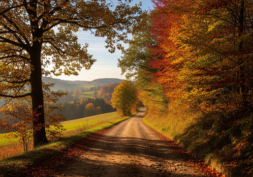 Autumn pathway lined with trees and fallen leaves during a sunny day