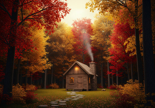 Cozy Log Cabin in Golden Autumn Forest with Sunlight. Rustic Fall Landscape, Tranquil Nature Scene with Smoke