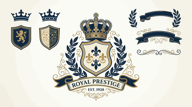 Royal heraldic crest and logo elements. Luxury vintage emblems with crowns and shields.