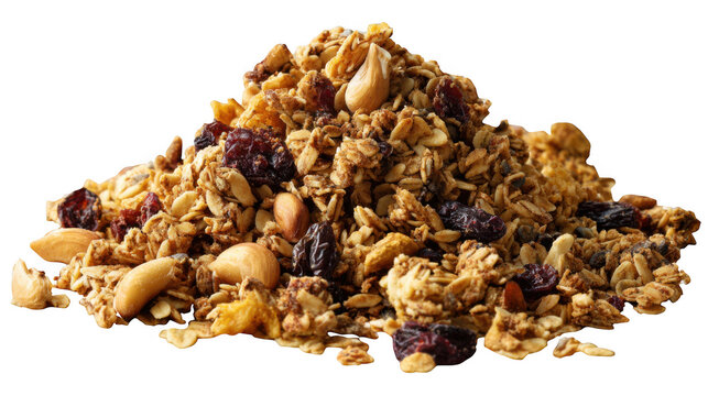 Homemade granola mix with nuts dried fruit and oats in close up view