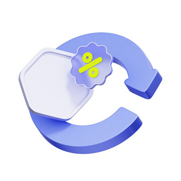 3D illustration of circular arrow with percentage badge for continuous rebate, recurring discount, cashback cycle, promotional loop, price reduction, and automated savings.