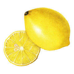 Obraz premium Hand drawn lemon halftone style sticker overlay with a white border