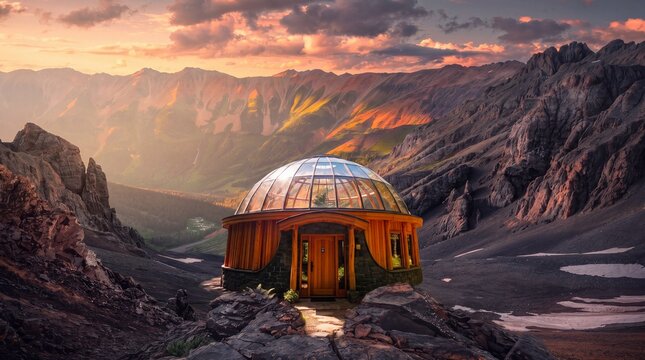 Modern glass dome wooden cabin nestled in dramatic mountain valley at sunset