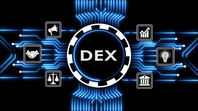 Decentralized exchange dex interface animation showing financial icons and circuitry.