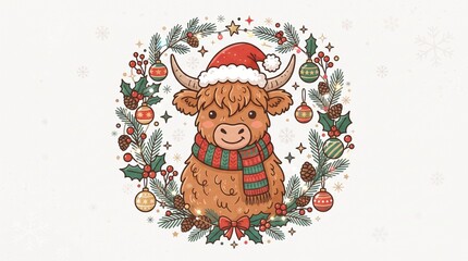 Fototapeta premium Cute highland cow in santa hat and scarf, surrounded by festive holly wreath with decorative baubles, Christmas holiday illustration for greeting cards