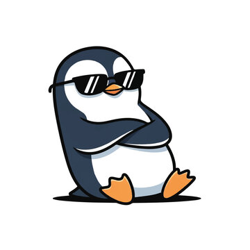 Penguin Wearing Sunglasses Cartoon Character Illustration.