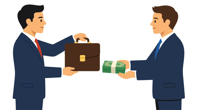 Two businessmen exchanging brown briefcase for cash money, flat illustration of bribery, corruption, illegal deal, dark business trade on white background, vector clipart