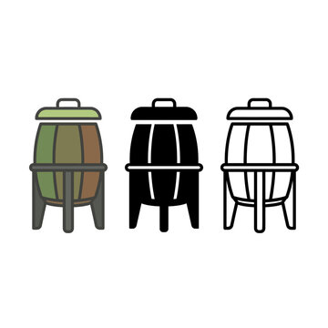 Three different colored illustrations of traditional wooden barrels with lids side by side  green brown black and white