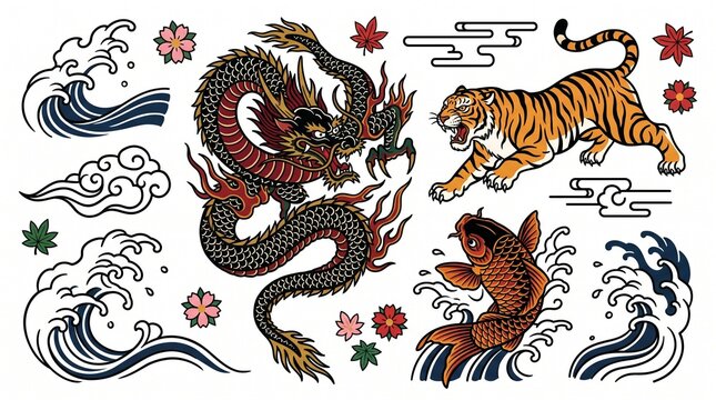 Traditional Japanese tattoo design set. Oriental dragon, tiger, and koi fish illustration collection. Vector art with waves, clouds, and sakura flowers on white background.