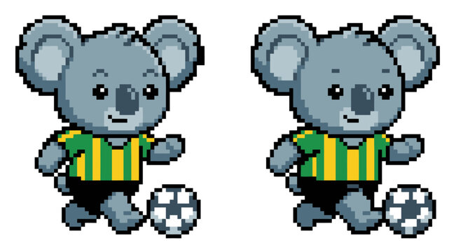 Two pixel art koalas are playing a game of soccer on a white background