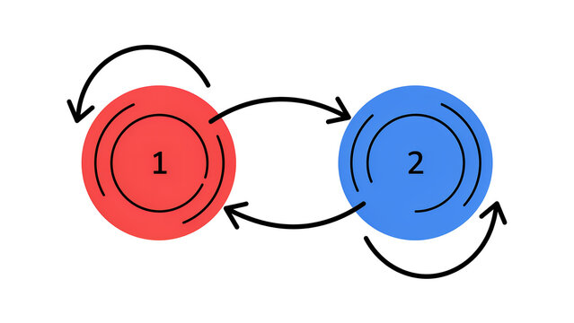 Abstract diagram featuring numbered red and blue circles with connecting curved arrows showing reciprocal interaction circular interaction connection infographic communication reciprocal