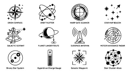 Sci-Fi Navigation Icons: Compass, Orbit, Radar, Star Map, Sextant, Antenna © Quntul