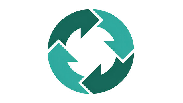 Circular recycling icon with four interlocking green arrows arranged in a rotating cycle recycling rotation abstract arrowhead branding business continuous environment geometric illustration