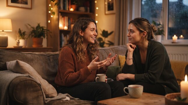 An evening of warm conversation two women bonding over drinks on a comfortable sofa, surrounded by gentle lights, creating a peaceful and friendly atmosphere at home