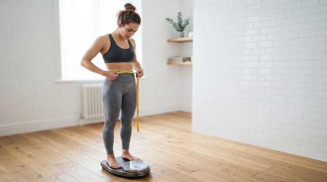 Woman Measuring Waist and Checking Weight on Scale at Home