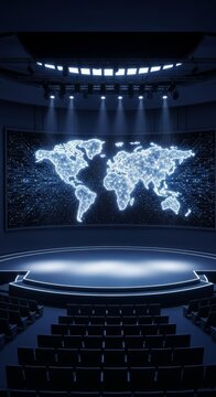 A sophisticated dark auditorium features a curved stage and a glowing neon white global network map backdrop with digital wall circuitry, summit, network, venue