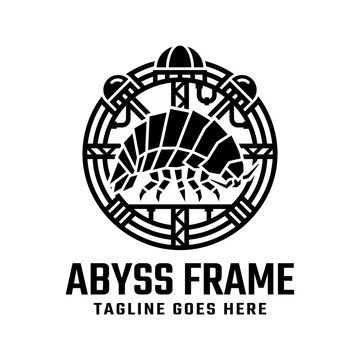 Industrial isopod insect logo in circular cage frame.