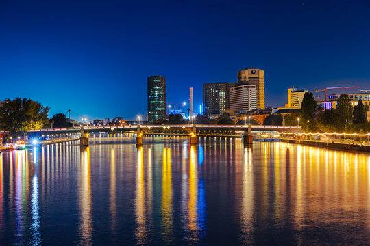 Frankfurt Skyline Reflected in the Main River at Blue Hour, Germany