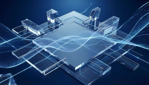 Elegant technology background with holographic network and crystalline futuristic layers