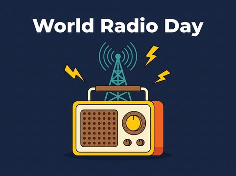 Vintage radio and transmission tower illustration for World Radio Day