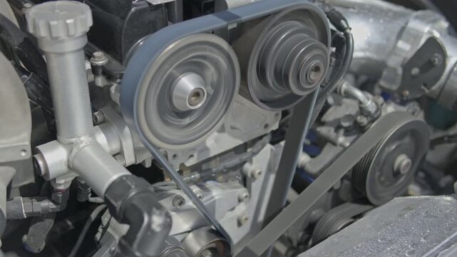 Slow-motion close-up of rotating adjustable cam gears and an aluminum fluid reservoir tank in a modified engine bay.