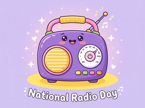 National Radio Day Cute Kawaii Purple Retro Radio Cartoon Illustration