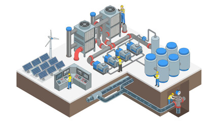 Industrial factory with solar panels and wind turbine illustration. © Fais