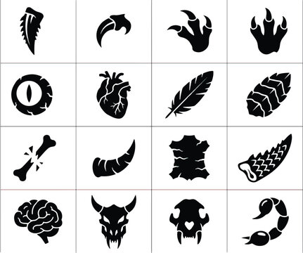 Fantasy monster loot icons set, black silhouette beast trophies and animal parts vector, 16 rpg game item symbols for crafting and alchemy