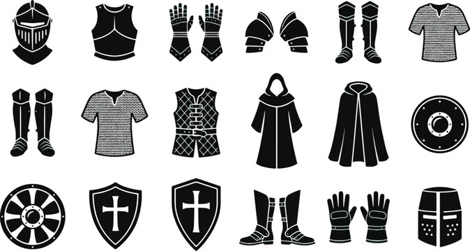 Medieval armor icons set, 18 knight equipment vector elements, black silhouette warrior gear for game design, historical combat protection symbols