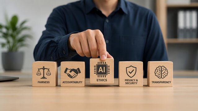 Building ethical AI framework with wooden blocks showing fairness accountability and transparency principles