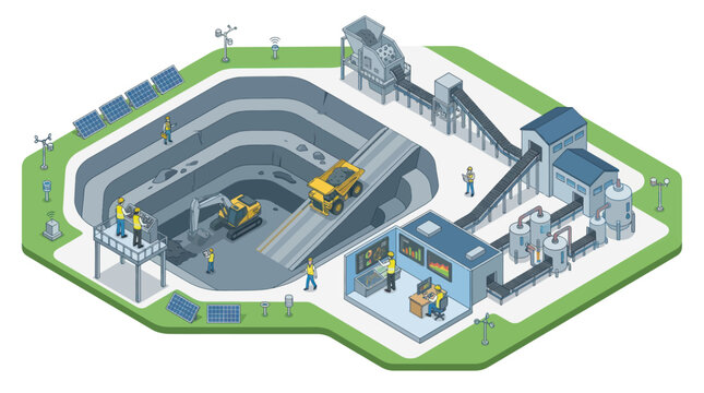 Industrial mining operation with heavy machinery and processing plant.