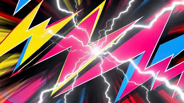 Vibrant abstract pop art lightning bolts with colorful geometric shapes and electric energy effects