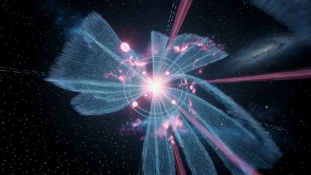Futuristic cosmic tunnel with glowing rings and radiant light beams in deep space background