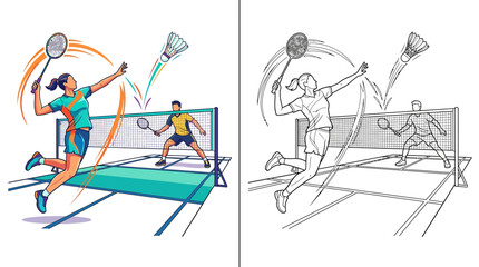 Obraz premium Badminton players competing in a fast-paced match on a court with a net, dynamic action illustration