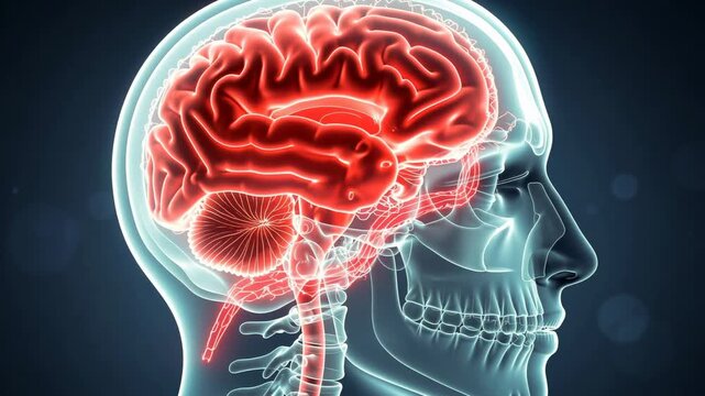 Detailed 3D medical illustration of the human brain and skull anatomy with glowing neural pathways