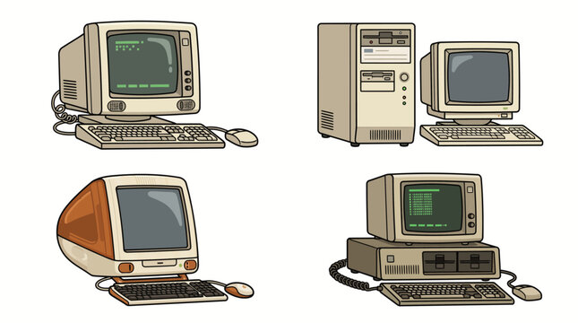 Set of four vintage retro personal computer illustrations.