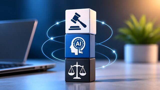 AI legal regulation corporate compliance blocks showing justice scale and gavel for tech governance