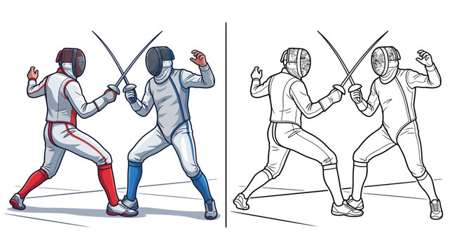 Two Fencers in Protective Gear Duel with Swords, Color and Outline Versions