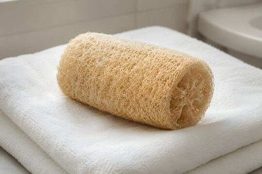 Natural loofah sponge resting on folded white towel