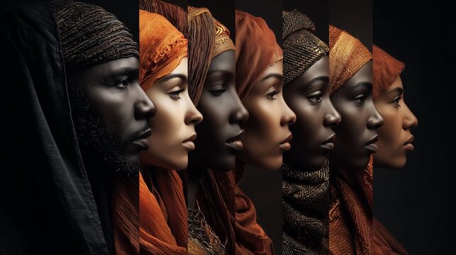 Group Portrait of Black Women in Traditional Headwraps in Side Profile
