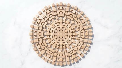 Fototapeta premium Wooden Building Blocks Arranged in a Circular Geometric Pattern on White Marble